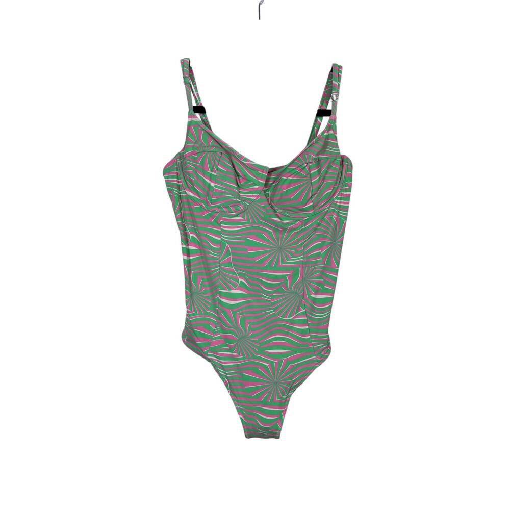 VETCHY Montego Underwire Swimsuit Womens XL Green Pink Pinwheel Pattern High Cut
